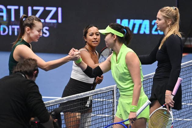 L-R Anastasia Detiucova (CZE) and Sabrina Santamari (USA) celebrate victory in the match against Shuo Feng (CHN) and Madeleine Brooks (UK) within the WTA, Tennis Damen women s tennis tournament Ostrava Open in Ostrava, Czech Republic, February 6, 2026. (CTKxPhoto JaroslavxOzana) CTKPhotoP2026020607171  CTKPhotoP2026020607171