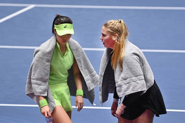 L-R Shuo Feng (CHN) and Madeleine Brooks (UK) after lost match against Sabrina Santamari (USA) and Anastasia Detiucova (CZE) within the WTA, Tennis Damen women s tennis tournament Ostrava Open in Ostrava, Czech Republic, February 6, 2026. (CTKxPhoto JaroslavxOzana) CTKPhotoP2026020607208  CTKPhotoP2026020607208