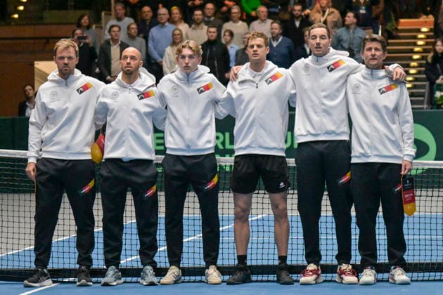 from left in the picture Kevin Krawietz GER Tim Pütz GER Justin Engel GER Yannick Hanfmann GER Jan Lennard Struff GER Michael Kohlmann, Coach Käpitän GER 06 02 2026 Tennis Davis Cup Qualifiers 2026 Germany vs Peru , Castello, Duesseldorf, Copyright: xpepphotox xHorstxMauelshagenx pep00321, pep_20260206_hm