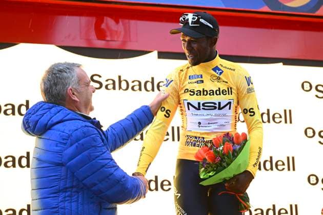 Tour of Valencia 2026 Stage 3 SAN VINCENT DEL RASPEIG, SPAIN - FEBRUARY 06 : Girmay Biniam (ERI) of NSN Cycling Team pictured with the yellow jersey during the podium ceremony of stage 3 of the 77th edition of Volta a la Comunitat Valenciana an UCI ProSeries 2.Pro cycling road race stage for Men Elite of 158.2 km with start in Orihuela and finish in San Vincent Del Raspeig on February 6, 2026 in San Vincent Del Raspeig, Spain, 06 02 2026 San Vincent Del Raspeig Spain  Copyright: xVincentxKalutx