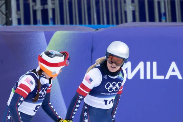 February 6, 2026, Cortina D ampezzo, Belluno, Italy: Americans Lindsey Vonn (USA) reacts with teammate Breezy Johnson (USA) after completing the WomenÃ¢â‚¬â ¢s Alpine Downhill training run during the 2026 Winter Olympics at the Tofane Alpine Skiing Centre on Friday in Cortina d Ampezzo. Cortina D ampezzo Italy - ZUMAj89_ 20260206_oly_j89_056 Copyright: xPaulxKitagakixJr.x