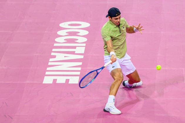 February 6, 2026, Perols, Montpellier, Occitanie, France: Arthur Gea of France delivers a right hand shot during his match against Adrian Mannarino of France at Open Occitanie on February 6, 2026, at Sud de France Arena in Montpellier, France. Perols, Montpellier France - ZUMAc313 20260206_zsp_c313_002 Copyright: xFaresxChafaix