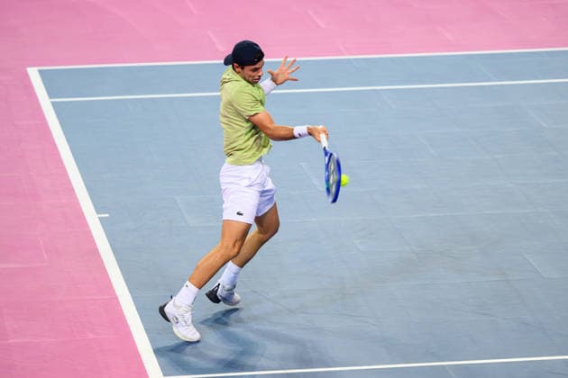 February 6, 2026, Perols, Montpellier, Occitanie, France: Arthur Gea of France delivers a right hand shot during his match against Adrian Mannarino of France at Open Occitanie on February 6, 2026, at Sud de France Arena in Montpellier, France. Perols, Montpellier France - ZUMAc313 20260206_zsp_c313_003 Copyright: xFaresxChafaix