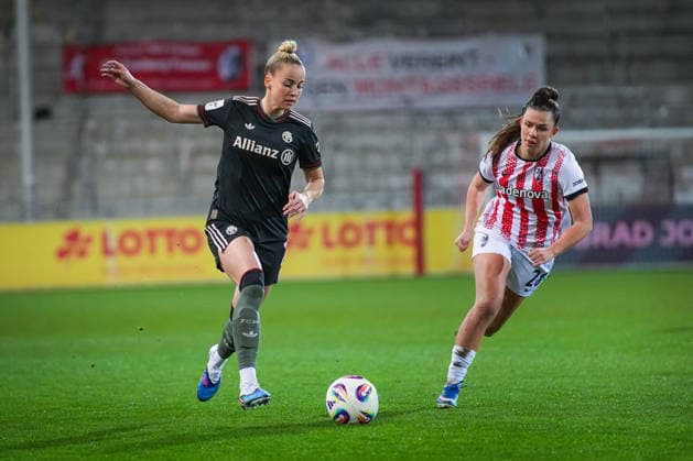 Soccer, Google Pixel Womens Bundesliga, Matchday 17, 2025 2026, SC Freiburg vs FC Bayern Munich, 06 02 2026, Dreisamstadion, Freiburg, GIULIA GWINN FC Bayern Munich, 7 Leela Egli SC Freiburg, Women 20 Freiburg Dreisamstadion Baden Württemberg Germany Copyright: xFINLEYxMÖRCHx