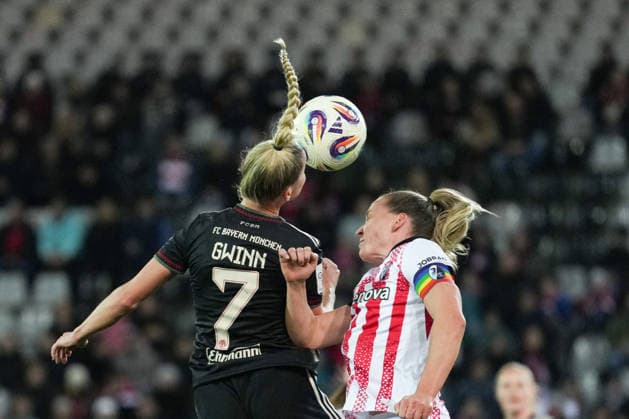Google Pixel Womens Bundesliga SC Freiburg vs FC Bayern Munich, 06 02 2026 Giulia Gwinn FC Bayern Munich, 7 with a header duel with Lisa Karl SC Freiburg, 2 Google Pixel Womens Bundesliga SC Freiburg vs FC Bayern Munich, Dreisamstadion, 06 02 2026 DFB DFL REGULATIONS PROHIBIT ANY USE OF PHOTOGRAPHS AS IMAGE SEQUENCES AND OR QUASI VIDEO Copyright: xBEAUTIFULxSPORTS Boscox