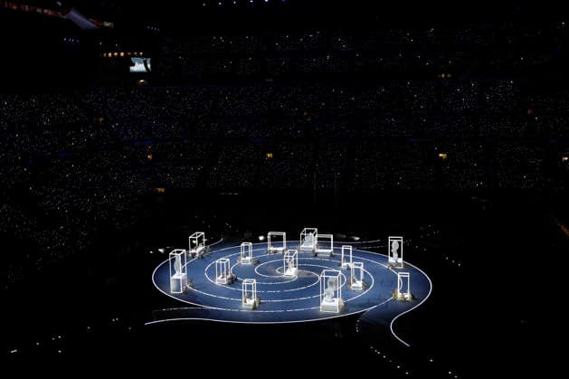 Dancers representing statues in a living museum preform during the Opening Ceremony of the Milano Cortina 2026 Olympic Games, Olympische Spiele, Olympia, OS at San Siro Stadium in Milan, Italy, on Friday, February 6, 2026. More than 2,900 athletes from 92 national Olympic committees will compete, with the United States having the largest presence with more than 230 athletes.  OLY20260206307 AARONxJOSEFCZYK
