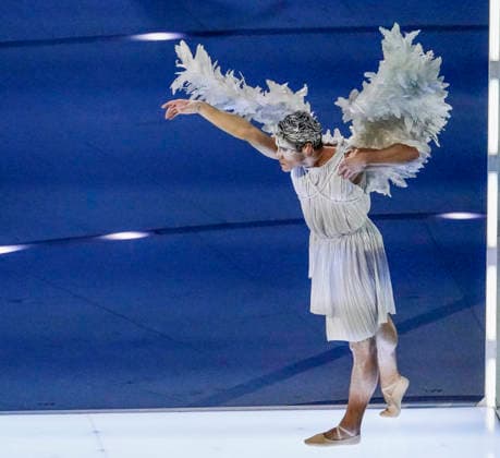 Claudio Coviello performs as Cupid during the Opening Ceremony of the Milano Cortina 2026 Olympic Games, Olympische Spiele, Olympia, OS at San Siro Stadium in Milan, Italy, on Friday, February 6, 2026. More than 2,900 athletes from 92 national Olympic committees will compete, with the United States having the largest presence with more than 230 athletes.  OLY20260206106 RICHARDxELLIS