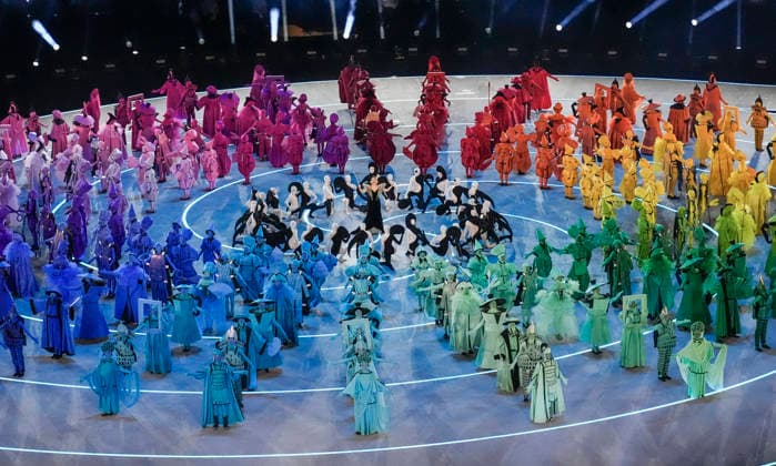 Performers take the stage during the Opening Ceremony of the Milano Cortina 2026 Olympic Games, Olympische Spiele, Olympia, OS at San Siro Stadium in Milan, Italy, on Friday, February 6, 2026. More than 2,900 athletes from 92 national Olympic committees will compete, with the United States having the largest presence with more than 230 athletes.  OLY20260206110 RICHARDxELLIS
