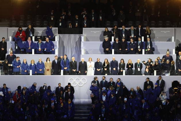 Winter Olympics - Guest at Opening Ceremony - Milan Former IOC President Thomas Bach, US Vice President JD Vance with his wife Usha Vance, President of the International Olympic Committee (IOC) Kirsty Coventry, Sergio Mattarella, President of Italy, Italian Prime Minister Giorgia Meloni at the Opening ceremony of the Milano Cortina 2026 Winter Olympic Games, Olympische Spiele, Olympia, OS at San Siro stadium (Milano Olympic Stadium), in Milan on February 6, 2026. Photo by Alexis Jumeau ABACAPRESS.COM Milan Italy  Copyright: xJumeauxAlexis ABACAx