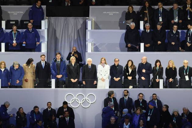 Winter Olympics - Guest at Opening Ceremony - Milan Former IOC President Thomas Bach, US Vice President JD Vance with his wife Usha Vance, President of the International Olympic Committee (IOC) Kirsty Coventry, Sergio Mattarella, President of Italy, Italian Prime Minister Giorgia Meloni at the Opening ceremony of the Milano Cortina 2026 Winter Olympic Games, Olympische Spiele, Olympia, OS at San Siro stadium (Milano Olympic Stadium), in Milan on February 6, 2026. Photo by Alexis Jumeau ABACAPRESS.COM Milan Italy  Copyright: xJumeauxAlexis ABACAx