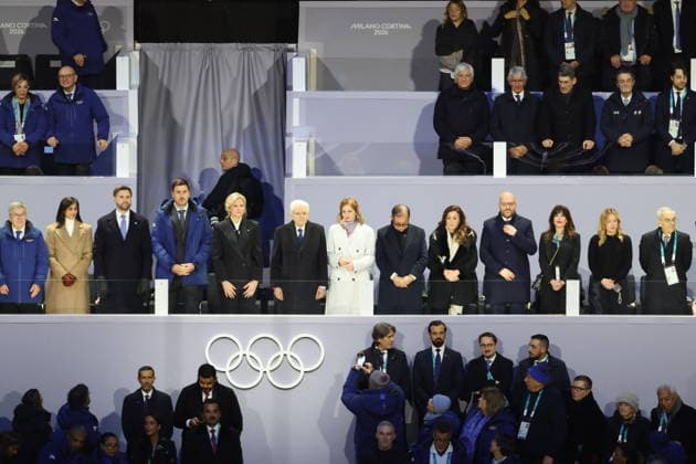 Winter Olympics - Guest at Opening Ceremony - Milan Former IOC President Thomas Bach, US Vice President JD Vance with his wife Usha Vance, President of the International Olympic Committee (IOC) Kirsty Coventry, Sergio Mattarella, President of Italy, Italian Prime Minister Giorgia Meloni at the Opening ceremony of the Milano Cortina 2026 Winter Olympic Games, Olympische Spiele, Olympia, OS at San Siro stadium (Milano Olympic Stadium), in Milan on February 6, 2026. Photo by Alexis Jumeau ABACAPRESS.COM Milan Italy  Copyright: xJumeauxAlexis ABACAx