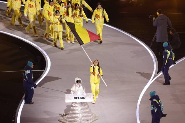 MILAN , 06-02-2026 , Milano San Siro Olympic Stadium , Olympic Winter games, Winterspiele,Spiele, Summer games 2026 Milano , Opening ceremony , Picture shows , Team Belgium with Hanne Desmet carry the flag Olympic Winter Games 2026 - Opening ceremony  x201347595x Copyright:
