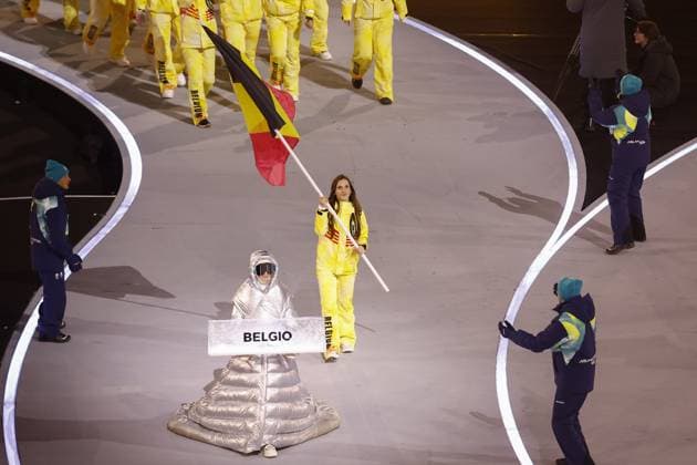 MILAN , 06-02-2026 , Milano San Siro Olympic Stadium , Olympic Winter games, Winterspiele,Spiele, Summer games 2026 Milano , Opening ceremony , Picture shows , Team Belgium with Hanne Desmet carry the flag Olympic Winter Games 2026 - Opening ceremony  x201347597x Copyright: