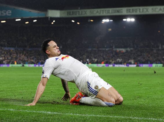 Leeds, England, 6th February 2026. Noah Okafor of Leeds United celebrates scoring their second goal during the Leeds United vs Nottingham Forest Premier League match at Elland Road, Leeds. Picture credit should read: Nigel Roddis Sportimage EDITORIAL USE ONLY. No use with unauthorised audio, video, data, fixture lists, club league logos or live services. Online in-match use limited to 120 images, no video emulation. No use in betting, games or single club league player publications. SPI_029_NR_LEED_NOTT SPI-4510-0029