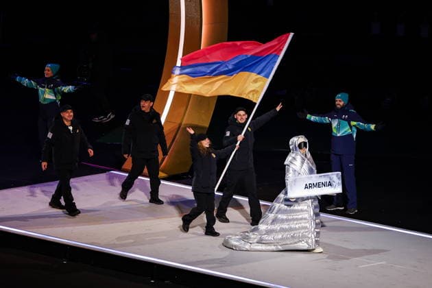 ITALY, MILAN - FEBRUARY 6, 2026: Members of the Olympic team of Armenia emerge during a ceremony to open the 2026 Winter Olympic Games, Olympische Spiele, Olympia, OS at San Siro Stadium Opening Ceremony For 2026 Winter Olympic Games  - ZUMAt113 20260206_zaa_t113_523 Copyright: xPeterxKovalevx