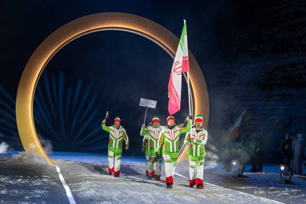 OLYMPICS - Winter Olympic Games, Olympische Spiele, Olympia, OS Milano Cortina 2026 VAL DI FIEMME,ITALY,06.FEB.26 - OLYMPICS - Winter Olympic Games Milano Cortina 2026, capsule opening ceremony. Image shows the team of Iran and flagbearer Samaneh Beyrami Baher (IRN)  GEPAxpictures xOliverxLerch
