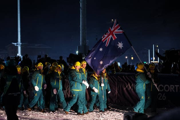 GIOCHI OLIMPICI - Olimpiadi Invernali Milano-Cortina 2026 - Livigno - Opening Ceremony Parade of athletes of Australia during the Opening Ceremony of the Olympic Winter games, Winterspiele,Spiele, Summer games Milano-Cortina 2026 on February 06, 2026 in Livigno, Italy Cortina D Ampezzo Italy  Copyright: xIPAxSport ABACAx