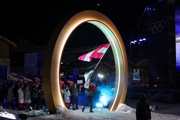 GIOCHI OLIMPICI - Olimpiadi Invernali Milano-Cortina 2026 - Livigno - Opening Ceremony Parade of athletes of Austria during the Opening Ceremony of the Olympic Winter games, Winterspiele,Spiele, Summer games Milano-Cortina 2026 on February 06, 2026 in Livigno, Italy Cortina D Ampezzo Italy  Copyright: xIPAxSport ABACAx