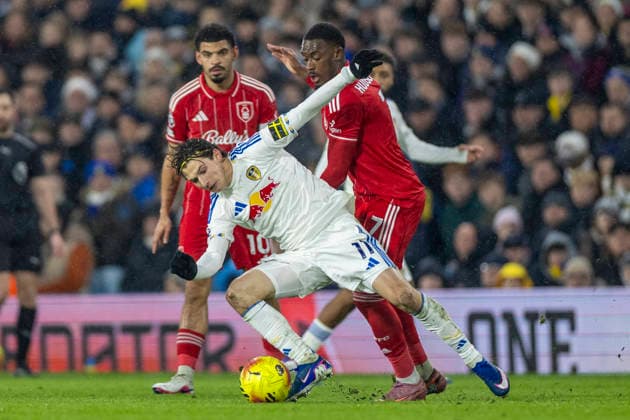 6th February 2026; Elland Road, Leeds, Yorkshire, England; Premier League Football, Leeds United versus Nottingham Forest; Brenden Aaronson of Leeds United under pressure from Callum Hudson-Odoi of Nottingham Forest  TimxWilliams Content restricted for UK based newspaper