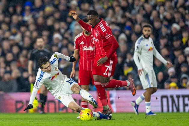 6th February 2026; Elland Road, Leeds, Yorkshire, England; Premier League Football, Leeds United versus Nottingham Forest; Callum Hudson-Odoi of Nottingham Forest is tackled by Brenden Aaronson of Leeds United  TimxWilliams Content restricted for UK based newspaper