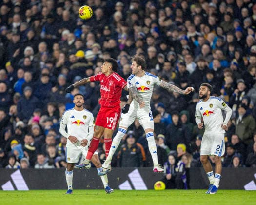 6th February 2026; Elland Road, Leeds, Yorkshire, England; Premier League Football, Leeds United versus Nottingham Forest; Igor Jesus of Nottingham Forest heads the ball  TimxWilliams Content restricted for UK based newspaper