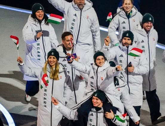 Athletes from Hungary walk in the parade of athletes during the Opening Ceremony of the Milano Cortina 2026 Olympic Games, Olympische Spiele, Olympia, OS at San Siro Stadium in Milan, Italy, on Friday, February 6, 2026. More than 2,900 athletes from 92 national Olympic committees will compete, with the United States having the largest presence with more than 230 athletes.  OLY20260206151 RICHARDxELLIS