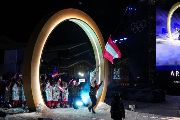 Parade of athletes of Austria during the Opening Ceremony of the Olympic Winter games, Winterspiele,Spiele, Summer games Milano-Cortina 2026 on February 06, 2026 in Livigno, Italy  Copyright: xSergioxBisi IPAxSportx xipa-agency.netx xx IPA_71046581 IPA_Agency_IPA71046581