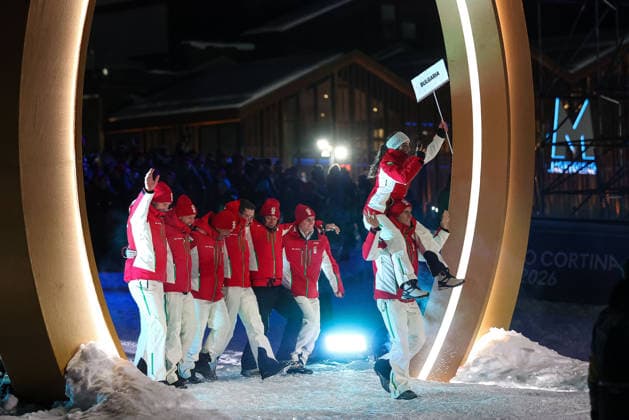 Parade of athletes of Bulgaria during the Opening Ceremony of the Olympic Winter games, Winterspiele,Spiele, Summer games Milano-Cortina 2026 on February 06, 2026 in Livigno, Italy  Copyright: xSergioxBisi IPAxSportx xipa-agency.netx xx IPA_71046635 IPA_Agency_IPA71046635