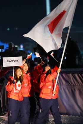 (L to R) Rise Kudo, Hiroto Ogiwara, Sena Tomita (JPN), FEBRUARY 6, 2026 : Milano Cortina 2026 Olympic Winter games, Winterspiele,Spiele, Summer games Opening Ceremony at Livigno Snow Park in Livigno, Italy.  aflo_318732941