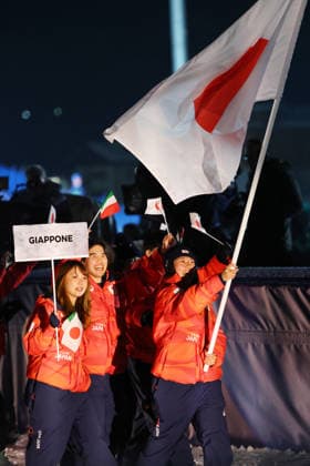(L to R) Rise Kudo, Hiroto Ogiwara, Sena Tomita (JPN), FEBRUARY 6, 2026 : Milano Cortina 2026 Olympic Winter games, Winterspiele,Spiele, Summer games Opening Ceremony at Livigno Snow Park in Livigno, Italy.  aflo_318732943