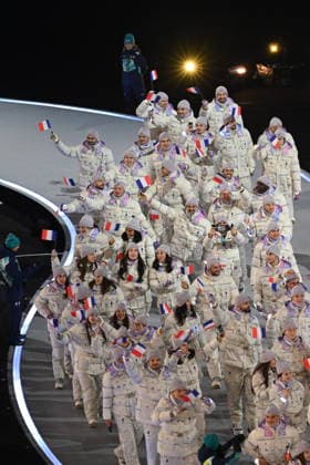 Winter Olympics - French Team at Opening Ceremony - Milan French athletes parade with the Olympic Games, Olympische Spiele, Olympia, OS rings during the opening ceremony of the Milano Cortina 2026 Winter Olympic Games at the San Siro stadium in Milan, Italy on February 6, 2026. Photo by JMP ABACAPRESS.COM Milan Italy  Copyright: xJMP ABACAx