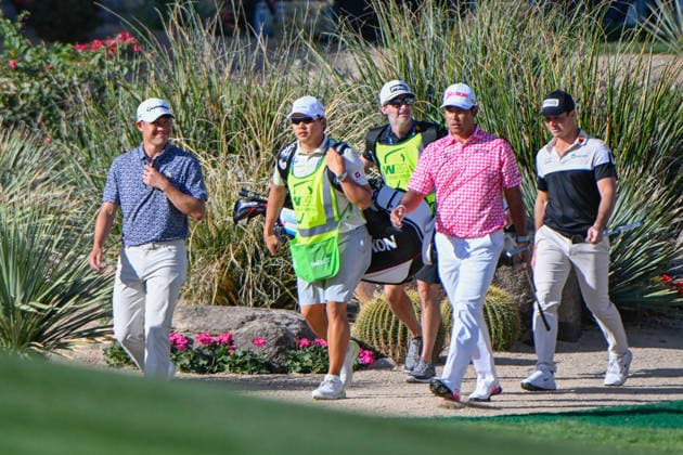 SCOTTSDALE, AZ - FEBRUARY 06: Collin Morikawa (USA), Hideki Matsuyama (JPN), and Viktor Hovland (NOR) make their way down 16 during the second round of the Waste Management Phoenix Open on February 6, 2026, at TPC Scottsdale, Scottsdale, Arizona. (Photo by Ken Murray Icon Sportswire) GOLF: FEB 06 PGA, Golf Herren WM Phoenix Open EDITORIAL USE ONLY Icon2602060082