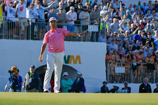 SCOTTSDALE, AZ - FEBRUARY 06: Hideki Matsuyama (JPN) reacts to sinking his long birdie putt on 16 during the second round of the Waste Management Phoenix Open on February 6, 2026, at TPC Scottsdale, Scottsdale, Arizona. (Photo by Ken Murray Icon Sportswire) GOLF: FEB 06 PGA, Golf Herren WM Phoenix Open EDITORIAL USE ONLY Icon2602060122