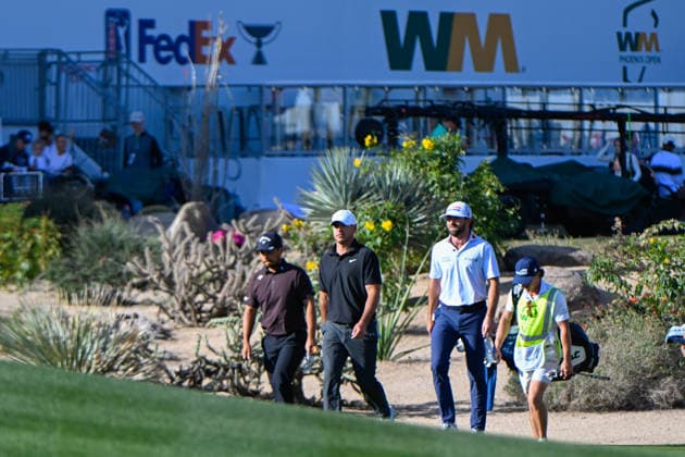 SCOTTSDALE, AZ - FEBRUARY 06: Xander Schauffele (USA), Brooks Koepka (USA), and Cameron Young (USA) make their way to the green on 16 during the second round of the Waste Management Phoenix Open on February 6, 2026, at TPC Scottsdale, Scottsdale, Arizona. (Photo by Ken Murray Icon Sportswire) GOLF: FEB 06 PGA, Golf Herren WM Phoenix Open EDITORIAL USE ONLY Icon2602060162