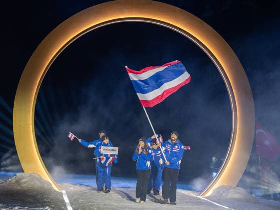 OLYMPICS - Winter Olympic Games, Olympische Spiele, Olympia, OS Milano Cortina 2026 VAL DI FIEMME,ITALY,06.FEB.26 - OLYMPICS - Winter Olympic Games Milano Cortina 2026, capsule opening ceremony. Image shows the team of Thailand with flagbearer Karen Chanloung and flagbearer Mark Chanloung (THA).  GEPAxpictures xOliverxLerch