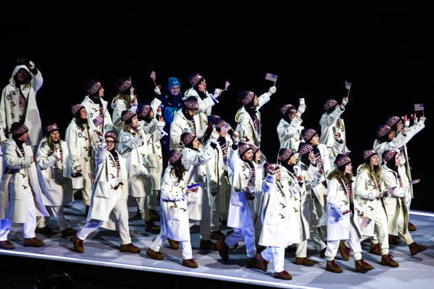 ITALY, MILAN - FEBRUARY 6, 2026: Members of the Olympic team of the United States emerge during a ceremony to open the 2026 Winter Olympic Games, Olympische Spiele, Olympia, OS at San Siro Stadium. Mikhail Tereshchenko TASS  88305711