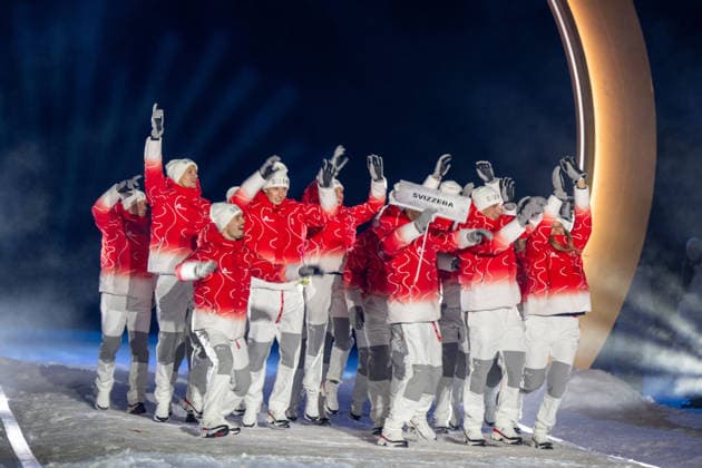 OLYMPICS - Winter Olympic Games, Olympische Spiele, Olympia, OS Milano Cortina 2026 VAL DI FIEMME,ITALY,06.FEB.26 - OLYMPICS - Winter Olympic Games Milano Cortina 2026, capsule opening ceremony. Image shows the team of Switzerland.  GEPAxpictures xOliverxLerch