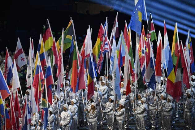 Winter Olympics - Flag Bearers At Opening Ceremony - Milan Flag bearers gather during the ending of the athletes parade of the opening ceremony of the Milano Cortina 2026 Winter Olympic Games, Olympische Spiele, Olympia, OS at the San Siro stadium in Milan, Italy on February 6, 2026. Photo by JMP ABACAPRESS.COM Milan Italy  Copyright: xJMP ABACAx