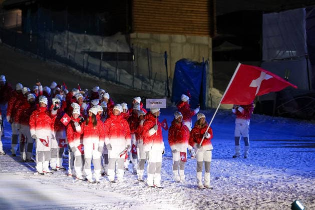 GIOCHI OLIMPICI - Olimpiadi Invernali Milano-Cortina 2026 - Livigno - Opening Ceremony Parade of athletes of Switzerland during the Opening Ceremony of the Olympic Winter games, Winterspiele,Spiele, Summer games Milano-Cortina 2026 on February 06, 2026 in Livigno, Italy Cortina D Ampezzo Italy  Copyright: xIPAxSport ABACAx