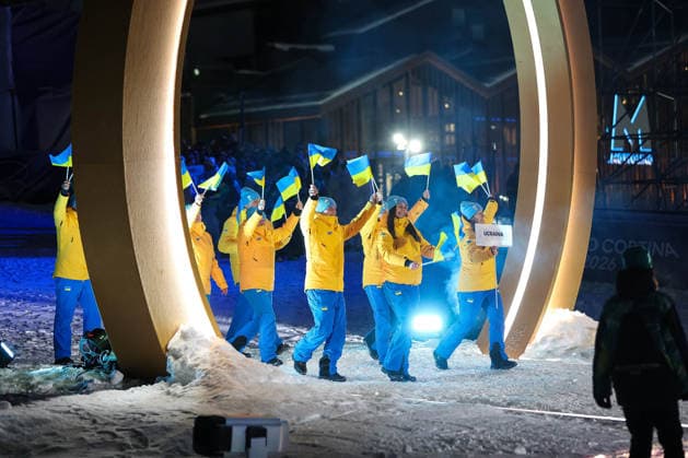 Parade of athletes of Ukraine during the Opening Ceremony of the Olympic Winter games, Winterspiele,Spiele, Summer games Milano-Cortina 2026 on February 06, 2026 in Livigno, Italy  Copyright: xSergioxBisi IPAxSportx xipa-agency.netx xx IPA_71051776 IPA_Agency_IPA71051776