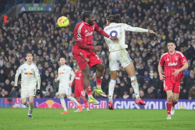 Leeds United v Nottingham Forest, Premier League Dominic Calvert-Lewin of Leeds United heads the ball during the Premier League match between Leeds United and Nottingham Forest at Elland Road, Leeds, UK on 6 February 2026. Leeds Elland Road West Yorkshire UK Editorial use only DataCo restrictions apply See www.football-dataco.com , Copyright: xAlunxRobertsx PSI-23686-0103