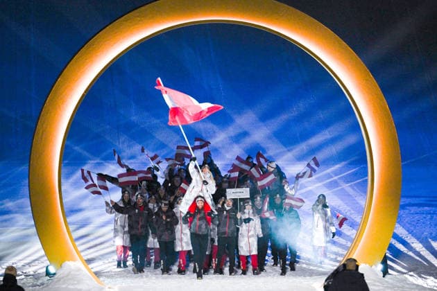 Winter Olympics - Flag Bearers At Opening Ceremony - Livigno Austrian athletes walk in the parade of athletes during the Opening Ceremony of the Milano Cortina 2026 Olympic Games, Olympische Spiele, Olympia, OS on February 6, 2026 in Livigno, Italy. Photo by Laurent Zabulon ABACAPRESS.COM Livigno Italy  Copyright: xZabulonxLaurent ABACAx