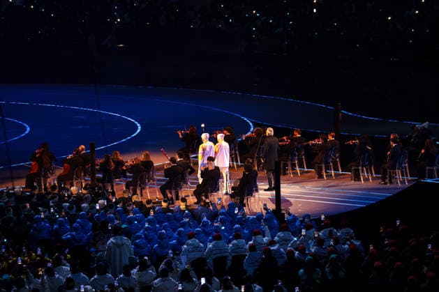 GIOCHI OLIMPICI - Olimpiadi Invernali Milano-Cortina 2026 - Opening Ceremony Beppe Bergomi and Paolo Baresi deliver the Olympic Flame to Anna Danesi during the Opening Ceremony of the Olympic Winter games, Winterspiele,Spiele, Summer games Milano-Cortina 2026 on February 06, 2026 at the Milano San Siro Olympic Stadium in Milan, Italy Cortina D Ampezzo Italy  Copyright: xIPAxSport ABACAx