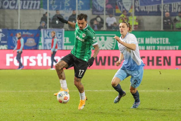 06 02 2026, xgrfx, Soccer 2 Bundesliga, Preußen Münster VfL Bochum v l Oliver Batista Meier Preußen Münster , Noah Loosli VfL Bochum DFL DFB REGULATIONS PROHIBIT ANY USE OF PHOTOGRAPHS as IMAGE SEQUENCES and or QUASI VIDEO Münster