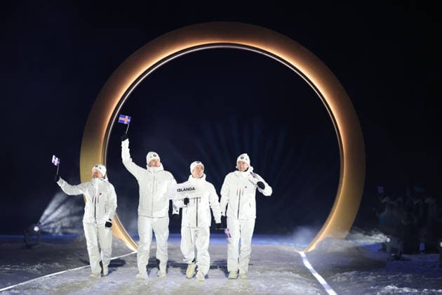 (260207) -- PREDAZZO, Feb. 7, 2026 -- The delegation of Iceland parades into the Predazzo Ski jumping, Skispringen, Ski, nordisch Stadium during the opening ceremony of the Milan-Cortina 2026 Olympic Winter games, Winterspiele,Spiele, Summer games in Predazzo, Italy, Feb. 6, 2026. ) (MICO2026)ITALY-MILAN-CORTINA 2026-OLYMPIC WINTER GAMES-OPENING CEREMONY HuangxWei 