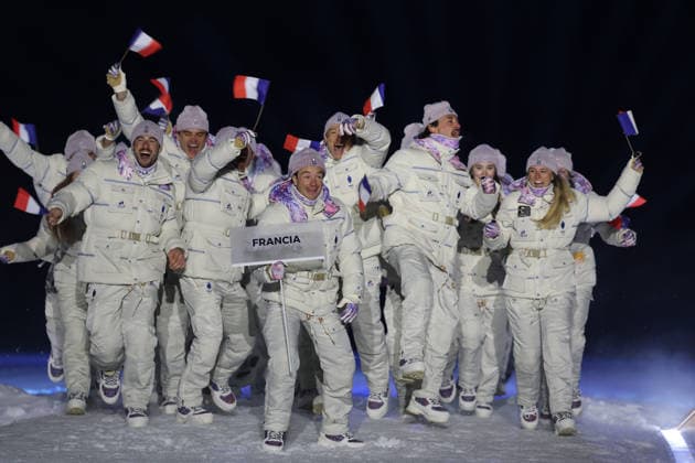 (260207) -- PREDAZZO, Feb. 7, 2026 -- The delegation of France parades into the Predazzo Ski jumping, Skispringen, Ski, nordisch Stadium during the opening ceremony of the Milan-Cortina 2026 Olympic Winter games, Winterspiele,Spiele, Summer games in Predazzo, Italy, Feb. 6, 2026. ) (MICO2026)ITALY-MILAN-CORTINA 2026-OLYMPIC WINTER GAMES-OPENING CEREMONY HuangxWei 