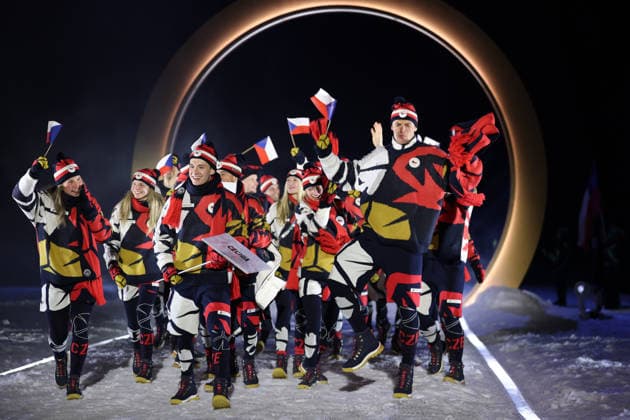 (260207) -- PREDAZZO, Feb. 7, 2026 -- The delegation of Czech Republic parades into the Predazzo Ski jumping, Skispringen, Ski, nordisch Stadium during the opening ceremony of the Milan-Cortina 2026 Olympic Winter games, Winterspiele,Spiele, Summer games in Predazzo, Italy, Feb. 6, 2026. ) (MICO2026)ITALY-MILAN-CORTINA 2026-OLYMPIC WINTER GAMES-OPENING CEREMONY HuangxWei 