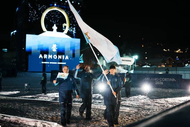 (260207) -- LIVIGNO, Feb. 7, 2026 -- Members of the delegation of San Marino attend the parade of athletes during the opening ceremony of the Milan-Cortina 2026 Olympic Winter games, Winterspiele,Spiele, Summer games in Livigno, Italy, Feb. 6, 2026. ) (MICO2026)ITALY-MILAN-CORTINA 2026-OLYMPIC WINTER GAMES-OPENING CEREMONY HuxChao 