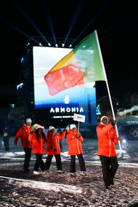 (260207) -- LIVIGNO, Feb. 7, 2026 -- Members of the delegation of Benin attend the parade of athletes during the opening ceremony of the Milan-Cortina 2026 Olympic Winter games, Winterspiele,Spiele, Summer games in Livigno, Italy, Feb. 6, 2026. ) (MICO2026)ITALY-MILAN-CORTINA 2026-OLYMPIC WINTER GAMES-OPENING CEREMONY HuxChao 
