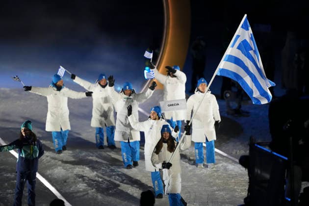 (260207) -- LIVIGNO, Feb. 7, 2026 -- Members of the delegation of Greece attend the parade of athletes during the opening ceremony of the Milan-Cortina 2026 Olympic Winter games, Winterspiele,Spiele, Summer games in Livigno, Italy, Feb. 6, 2026. ) (MICO2026)ITALY-MILAN-CORTINA 2026-OLYMPIC WINTER GAMES-OPENING CEREMONY MengxYongmin 